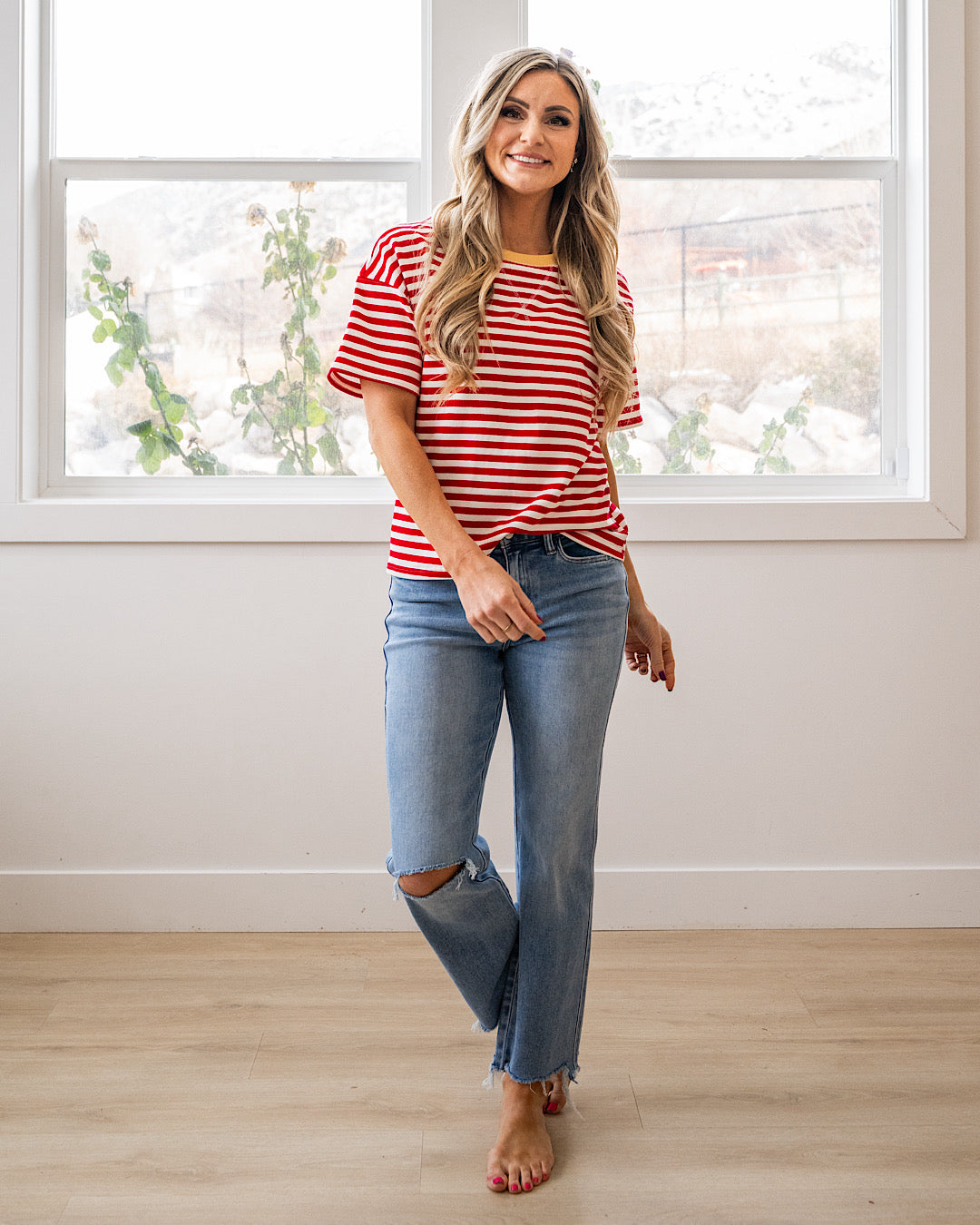 NEW! Ellie Contrast Striped Top - Red & Yellow Staccato