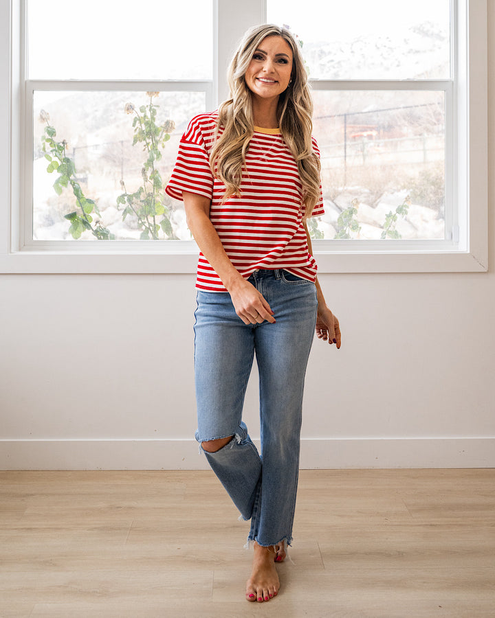 NEW! Ellie Contrast Striped Top - Red & Yellow Staccato