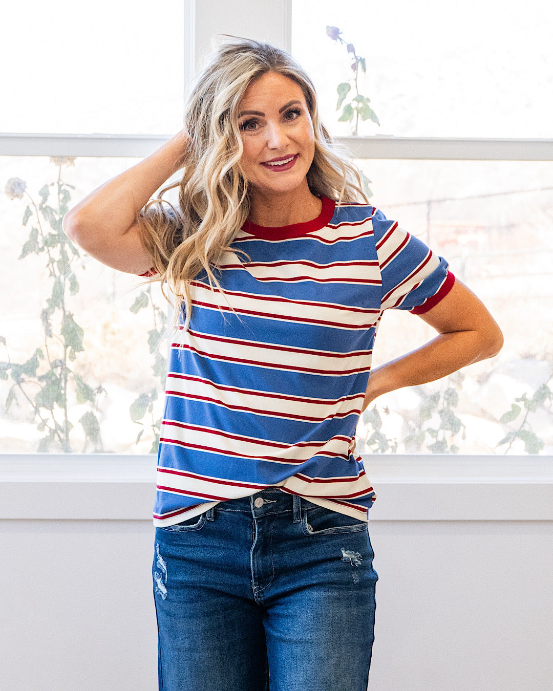Shauna Contrast Striped Top - Denim & Burgundy Staccato