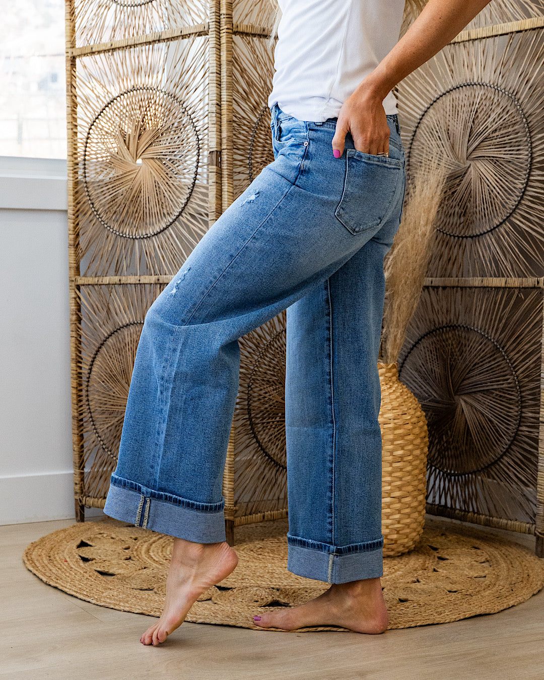 Kancan Jennifer 2.0 Rolled Cuff Wide Leg Jeans - Medium Wash KanCan