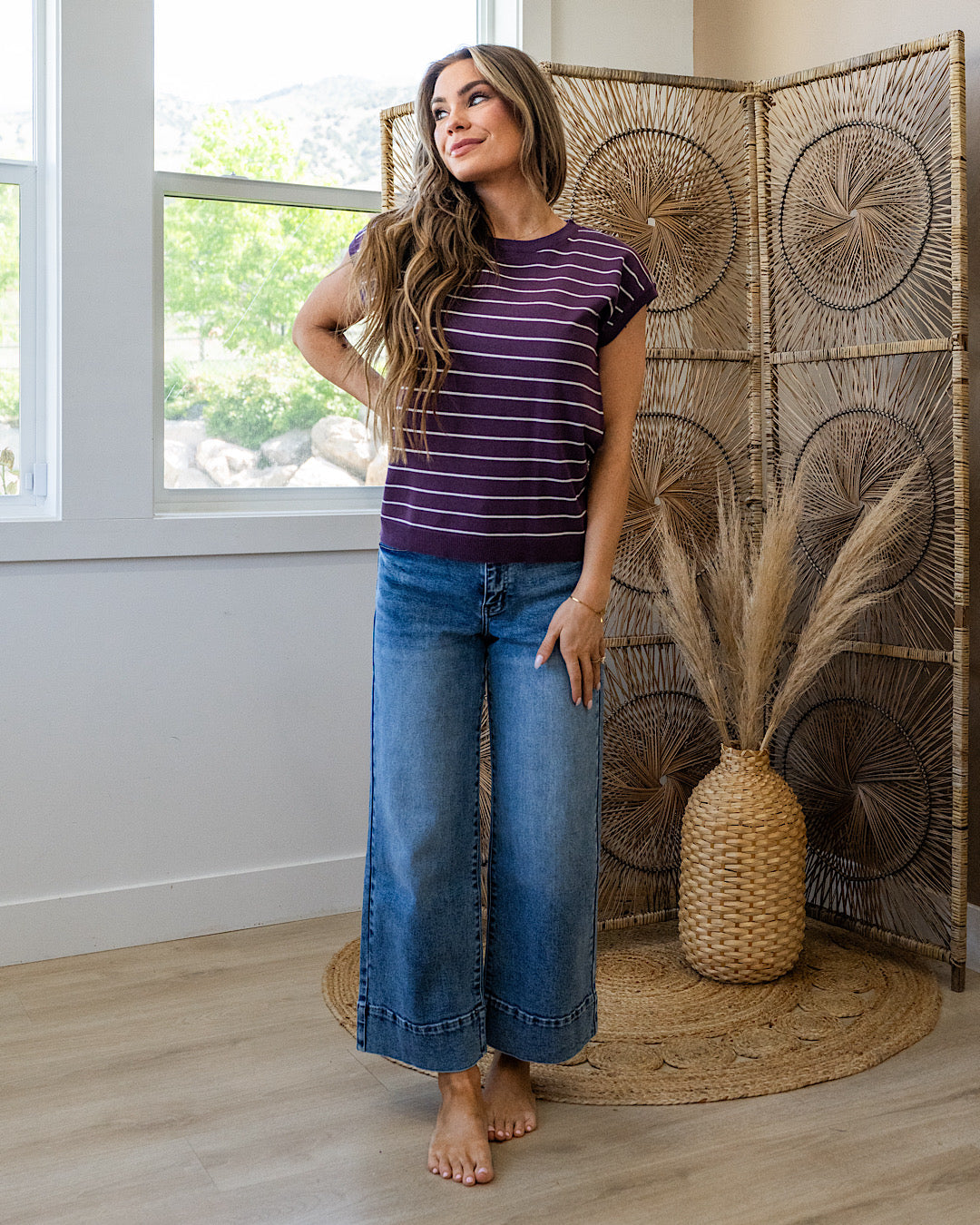 Allie Striped Short Sleeve Sweater - Eggplant Staccato