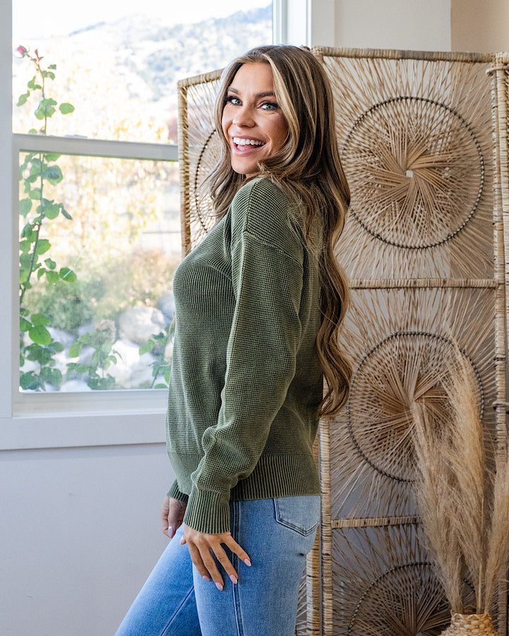 Called It All Off Washed Waffle Knit Sweater - Olive Staccato