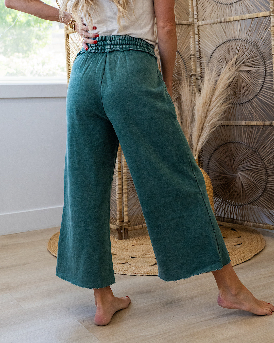 Cropped Wide Leg Comfy Pants - Dark Green Zenana