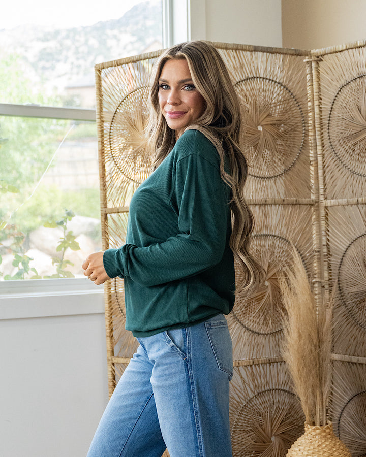 Mia Ribbed Crewneck Top - Forest Green Michelle Mae