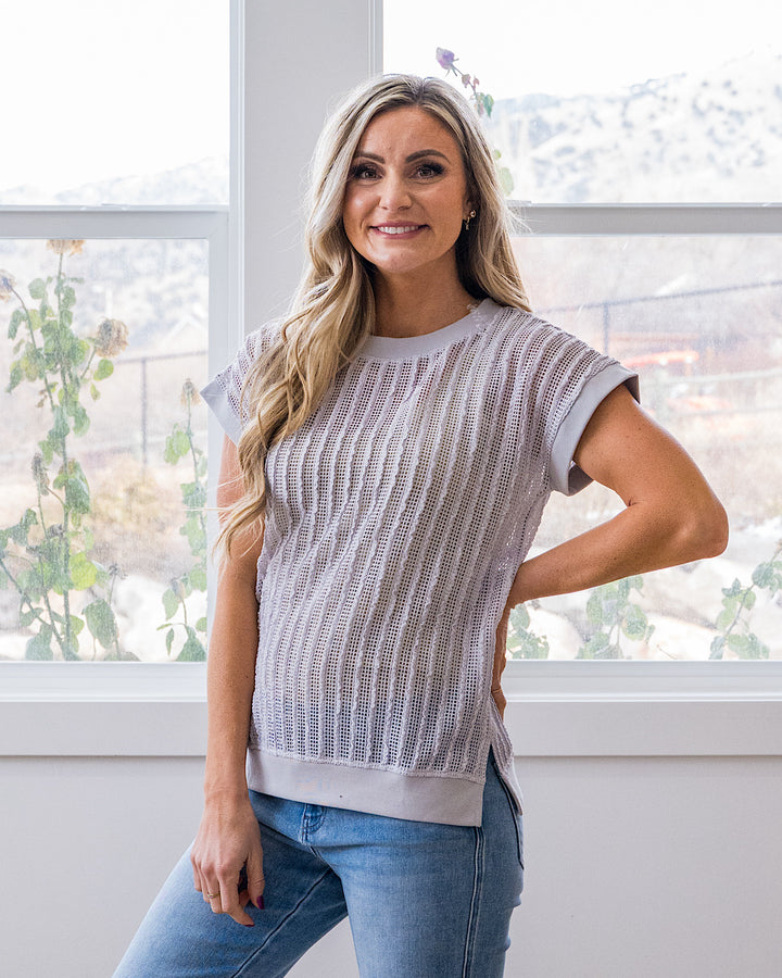 Liesel Textured Open Knit Top - Gray Staccato