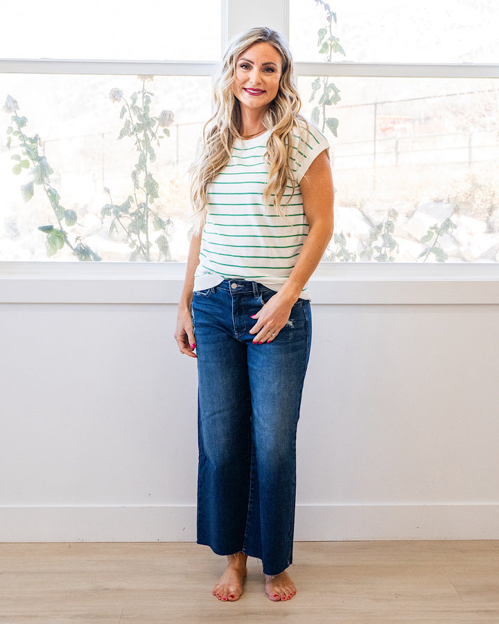 Allie Striped Short Sleeve Sweater - Ivory & Green Staccato