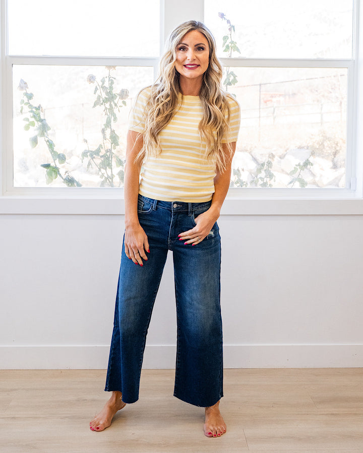 NEW! Delaney Striped Short Sleeve Sweater Top - Yellow Be Cool