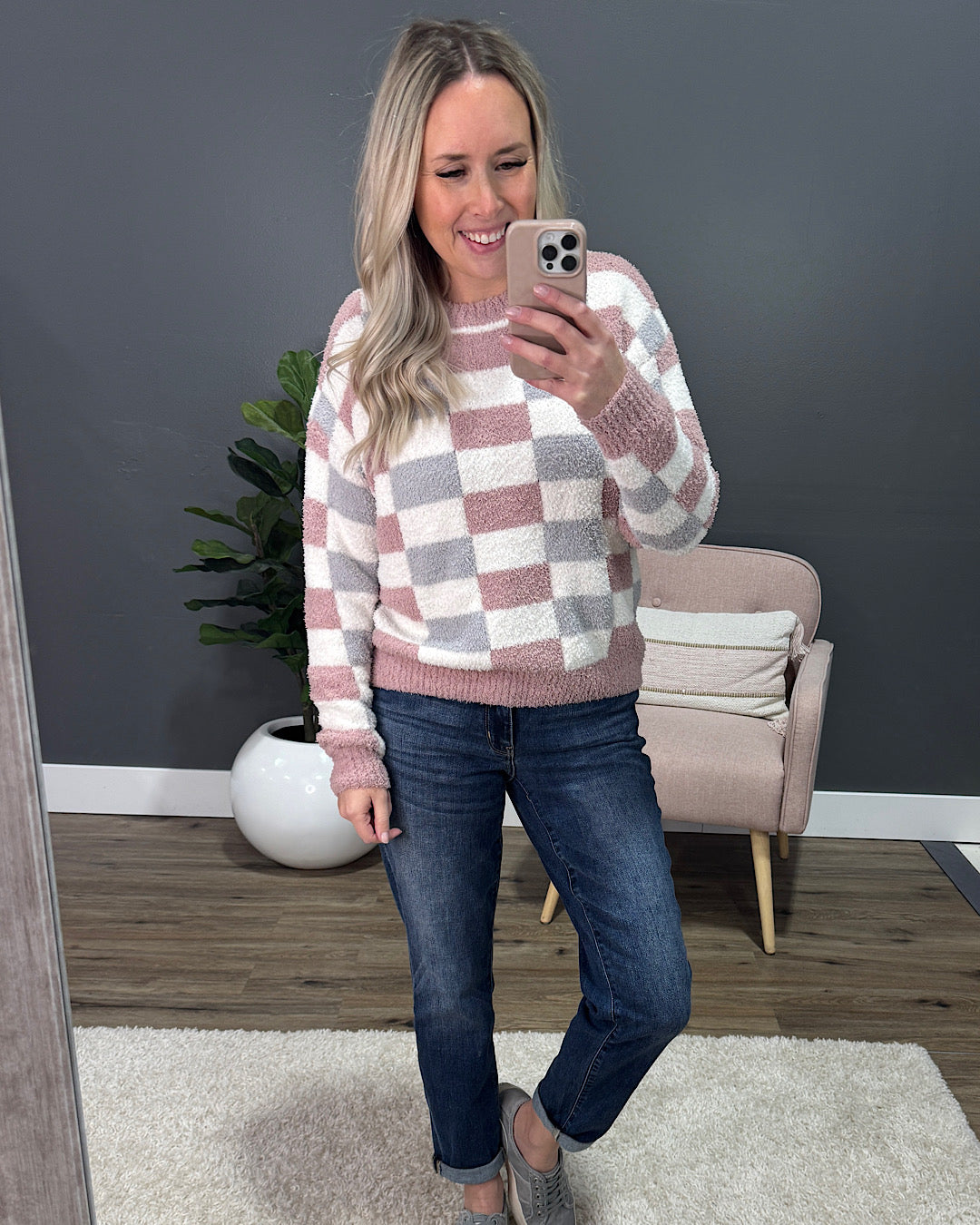 Kathryn Cozy Checkered Sweater - Gray & Pink FINAL SALE Michelle Mae