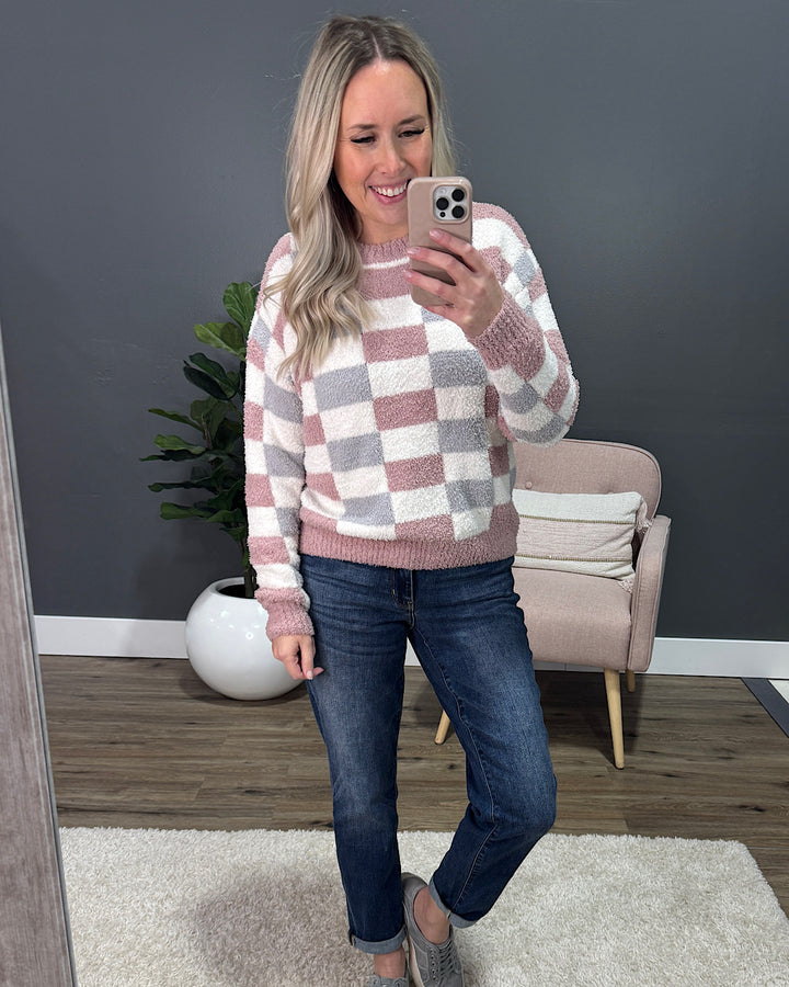 Kathryn Cozy Checkered Sweater - Gray & Pink FINAL SALE Michelle Mae