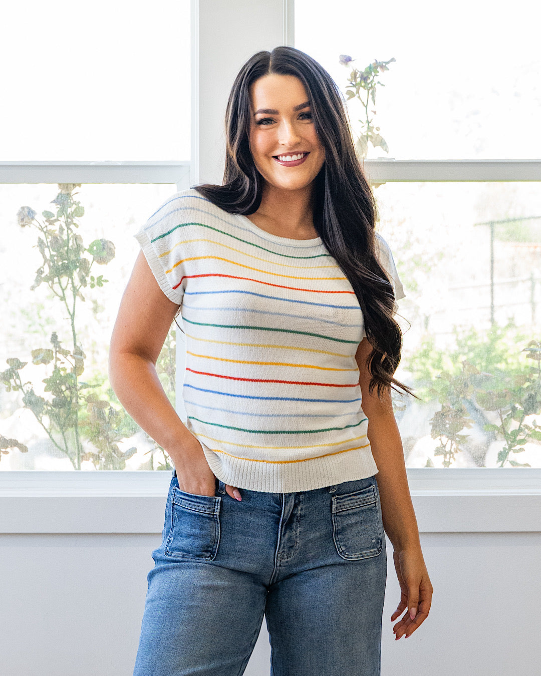 NEW! Ivy Striped Short Sleeve Sweater - Multi Staccato