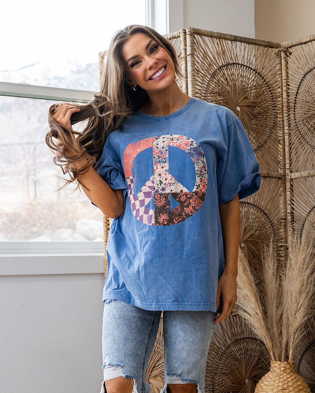 Patchwork Peace Sign Blue Mineral Wash Tee Zutter