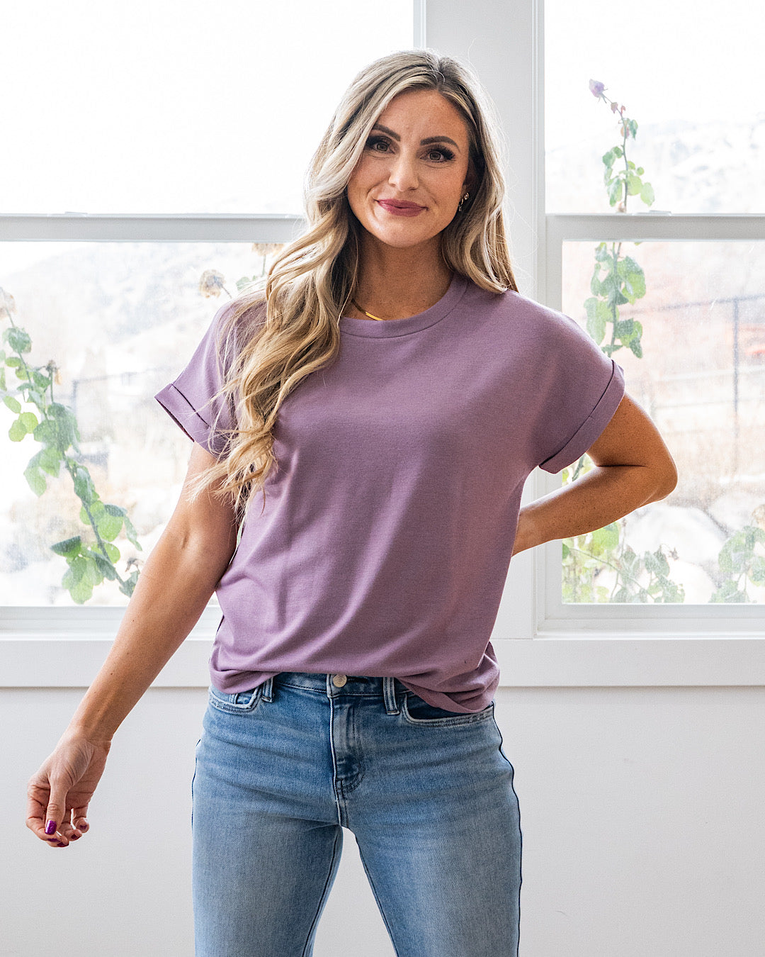 Melissa Roll Sleeve Top - Dusty Lavender Staccato