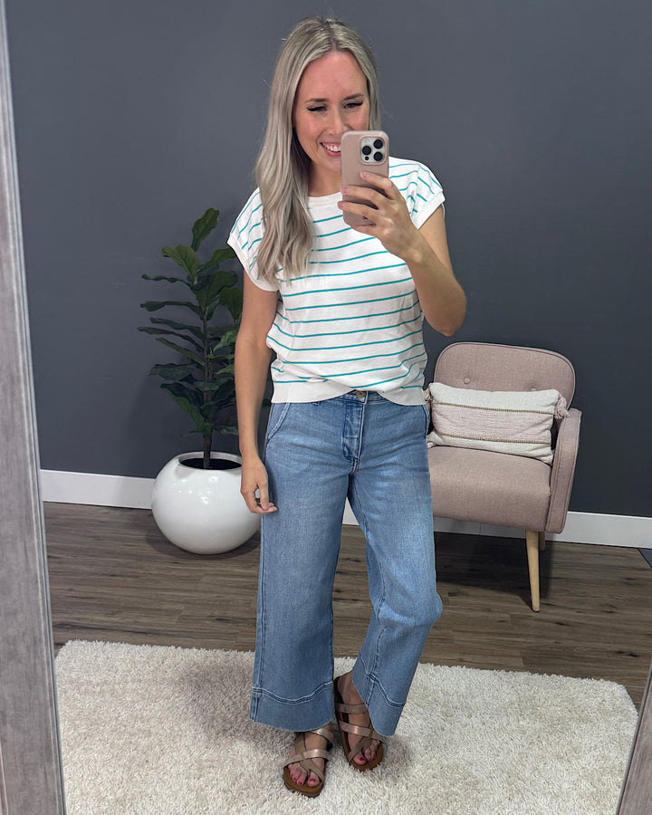 Allie Striped Short Sleeve Sweater - Ivory & Mint Staccato