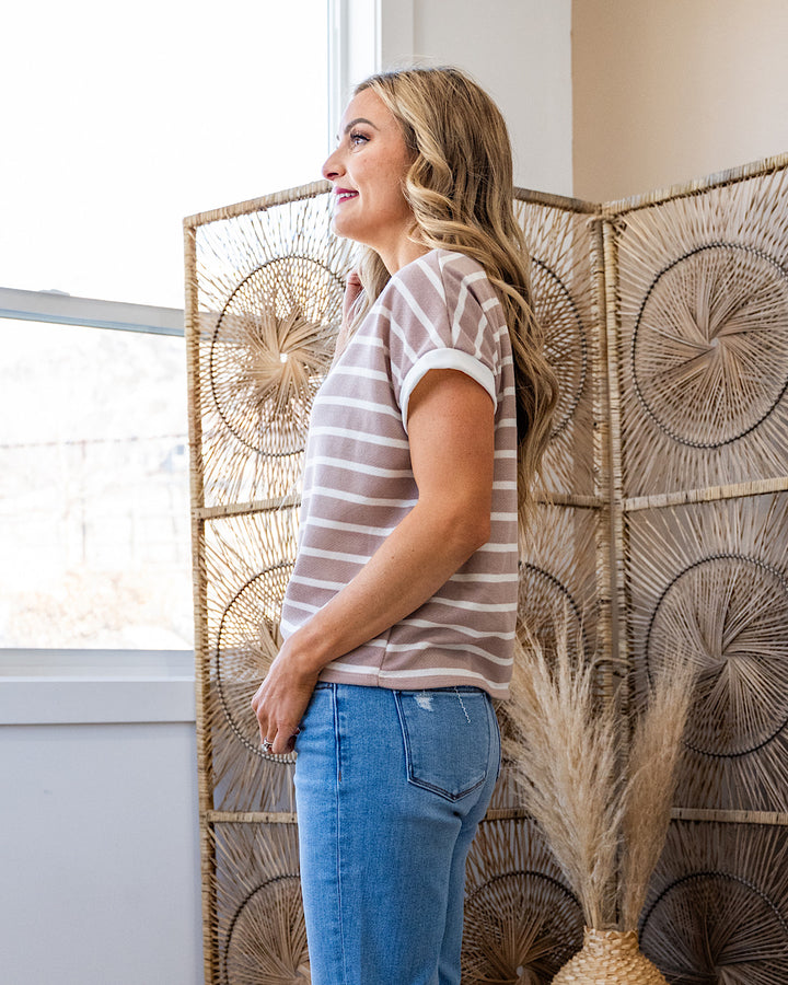 Nina Faded Striped Drop Shoulder Top - Taupe SALE Lovely Melody