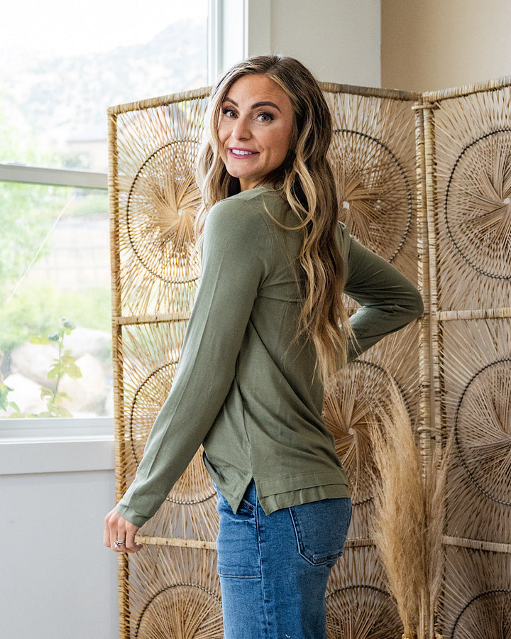 Bethany Cut Edge V Neck Top - Olive SALE Sew In Love