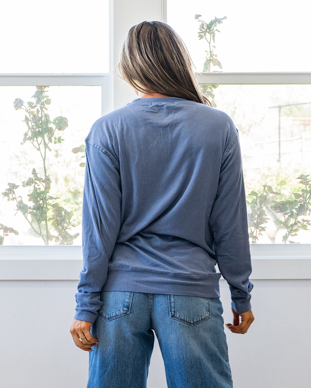 Mia Ribbed Crewneck Top - Denim Michelle Mae