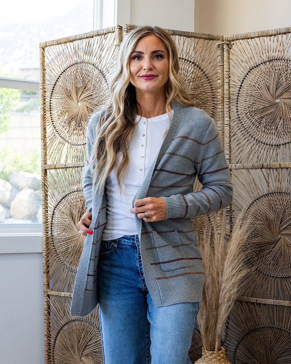 Debbie Striped Open Front Cardigan - Heather Gray Be Cool