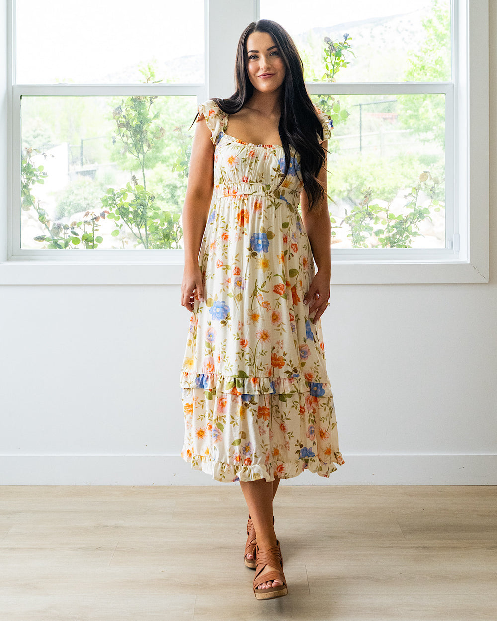 NEW! Selena Floral Flutter Sleeve Midi Dress Mine
