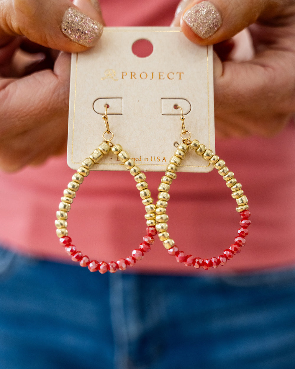 Gold and Pink Beaded Teardrop Earrings Trendy Wholesale