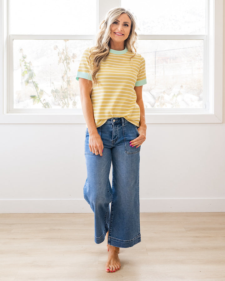 NEW! Asher Contrast Striped Cloud Knit Top - Mellow Yellow & Mint Tres Bien