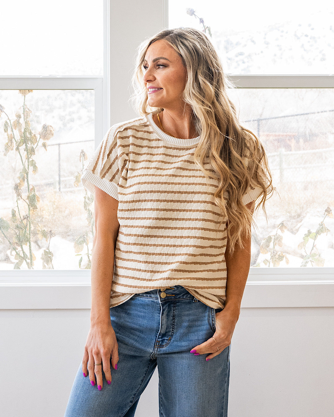 Devri Textured Striped Top - Mocha Lovely Melody