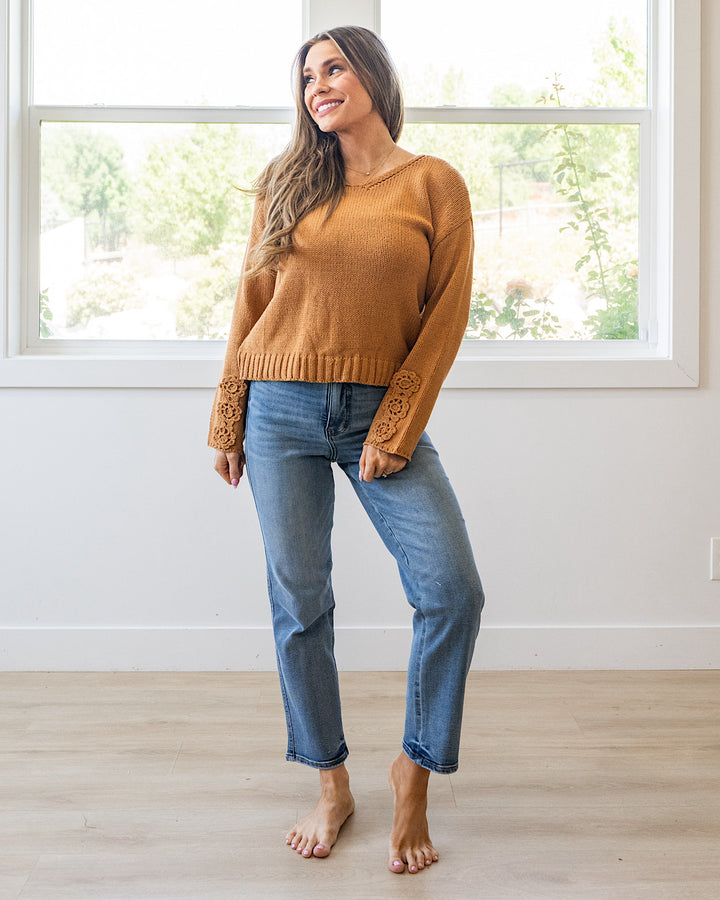 NEW! Ella Crochet Sleeve Sweater - Camel Michelle Mae