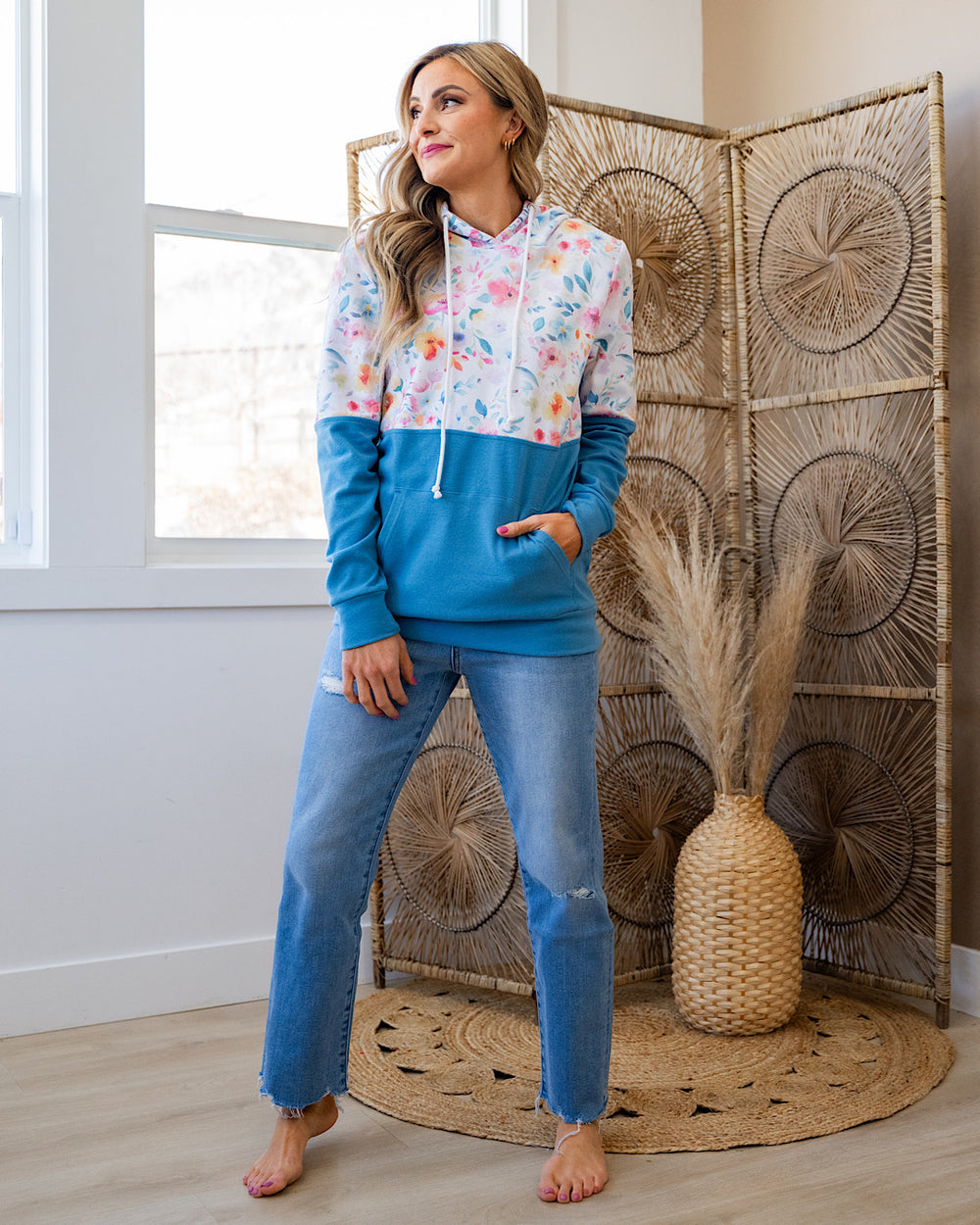 Hailey Pullover Color Block Hoodie - Watercolor Floral Michelle Mae