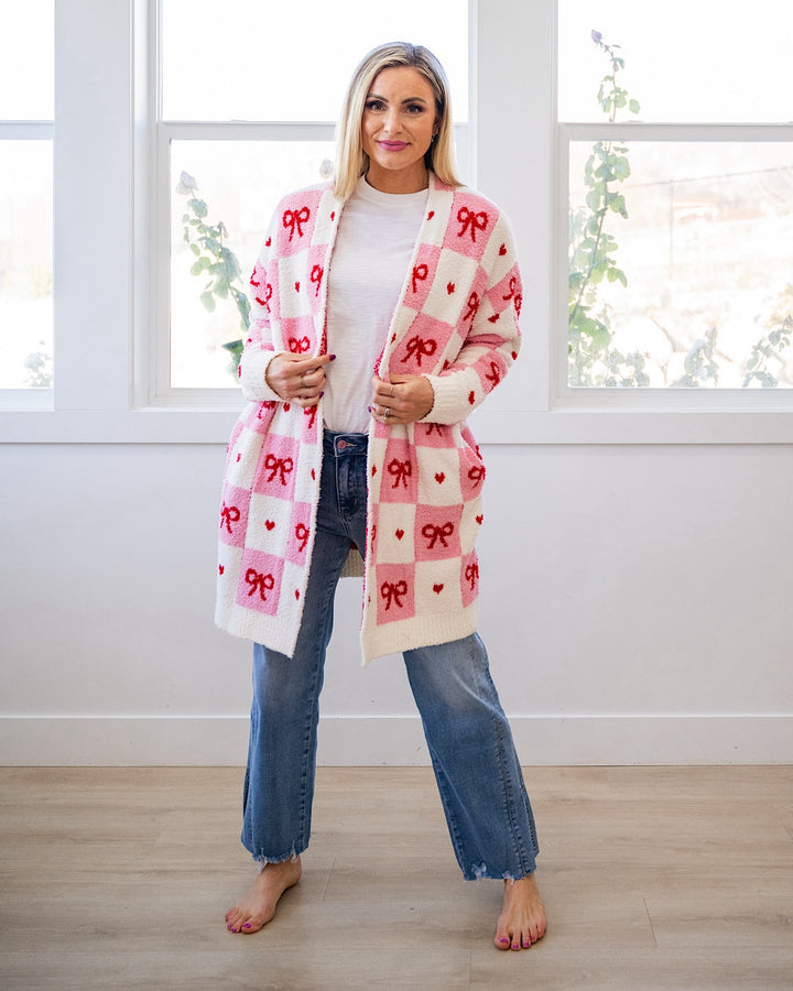 NEW! Valentine's Day Cloud Open Cardigan - Checkered Bows Blakeley