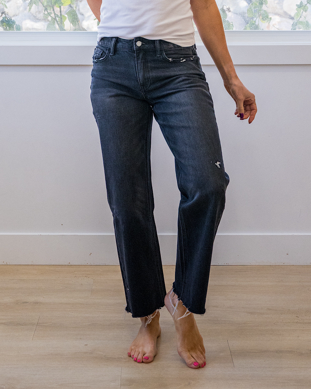 Vervet Carolina Fray Hem Slim Wide Leg Jeans - Black Vervet
