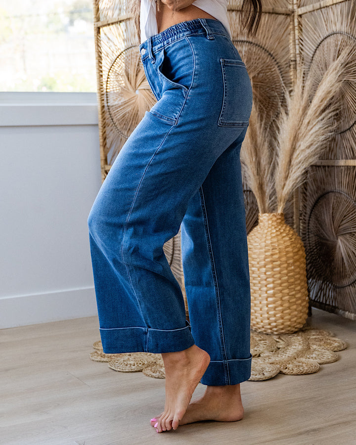 Vervet Maggie Roll Hem Elastic Waist Wide Leg Jeans Vervet