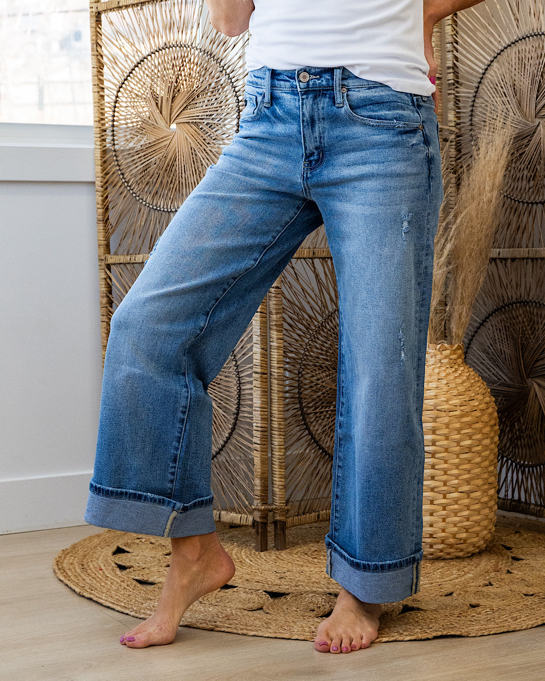 Kancan Jennifer 2.0 Rolled Cuff Wide Leg Jeans - Medium Wash KanCan