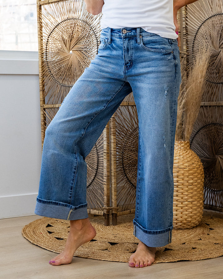 Kancan Jennifer 2.0 Rolled Cuff Wide Leg Jeans - Medium Wash KanCan