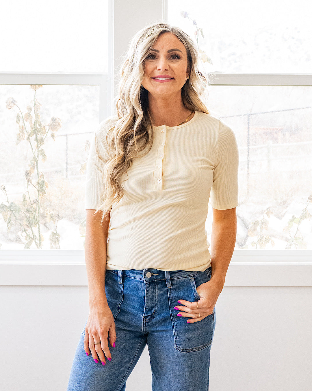 NEW! Emmy Micro Ribbed Henley Top - Butter Yellow Lovely Melody