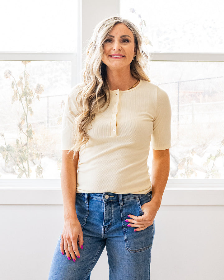 NEW! Emmy Micro Ribbed Henley Top - Butter Yellow Lovely Melody