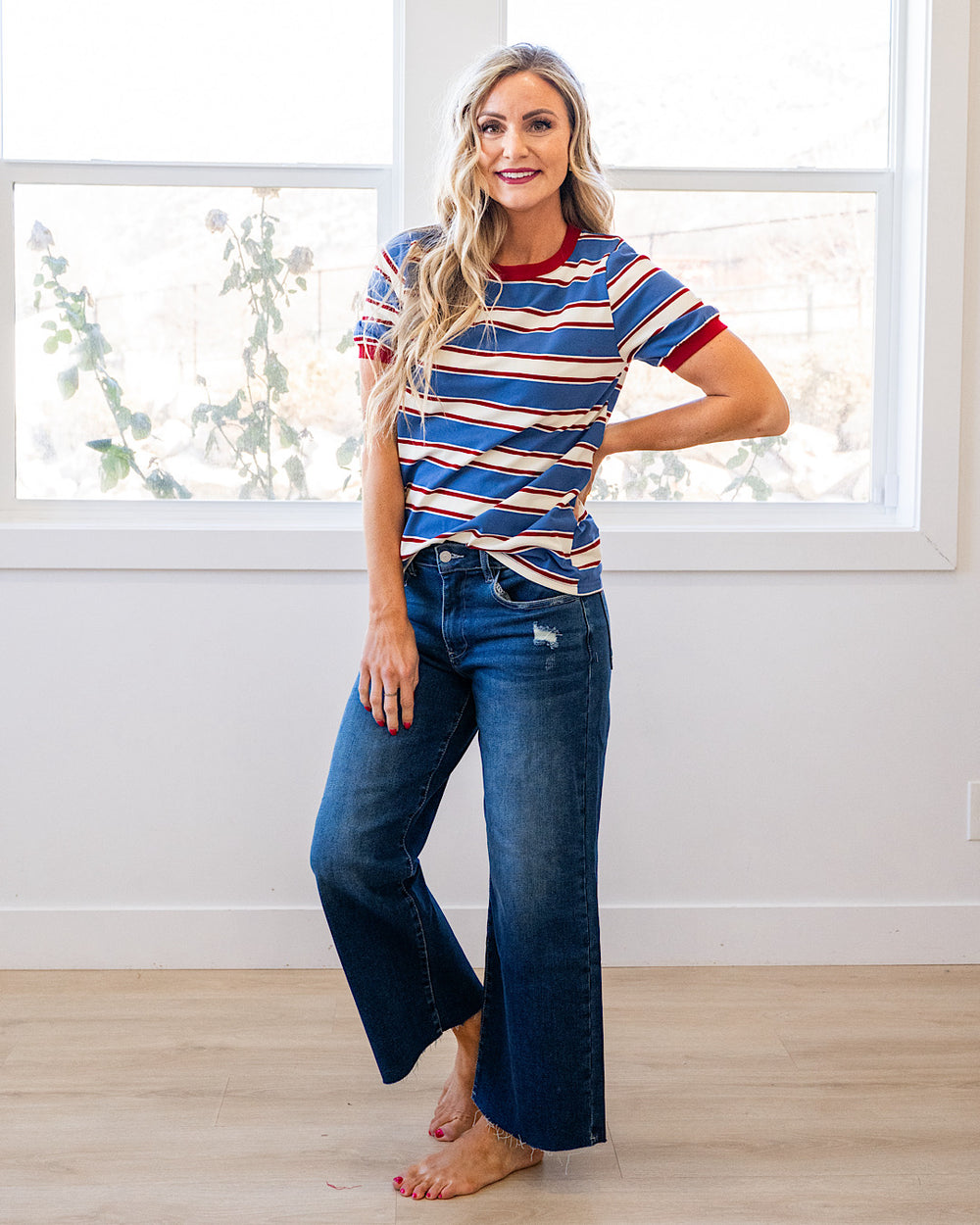 Shauna Contrast Striped Top - Denim & Burgundy Staccato