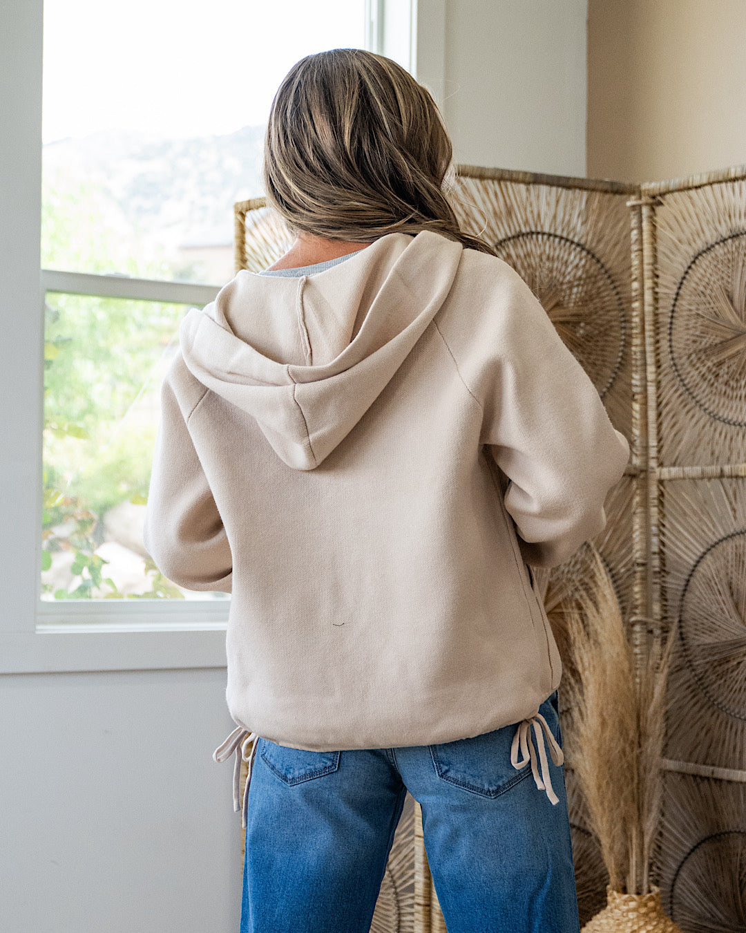 Brynn Drawstring Hem Zip Up Sweater Hoodie - Oatmeal Staccato
