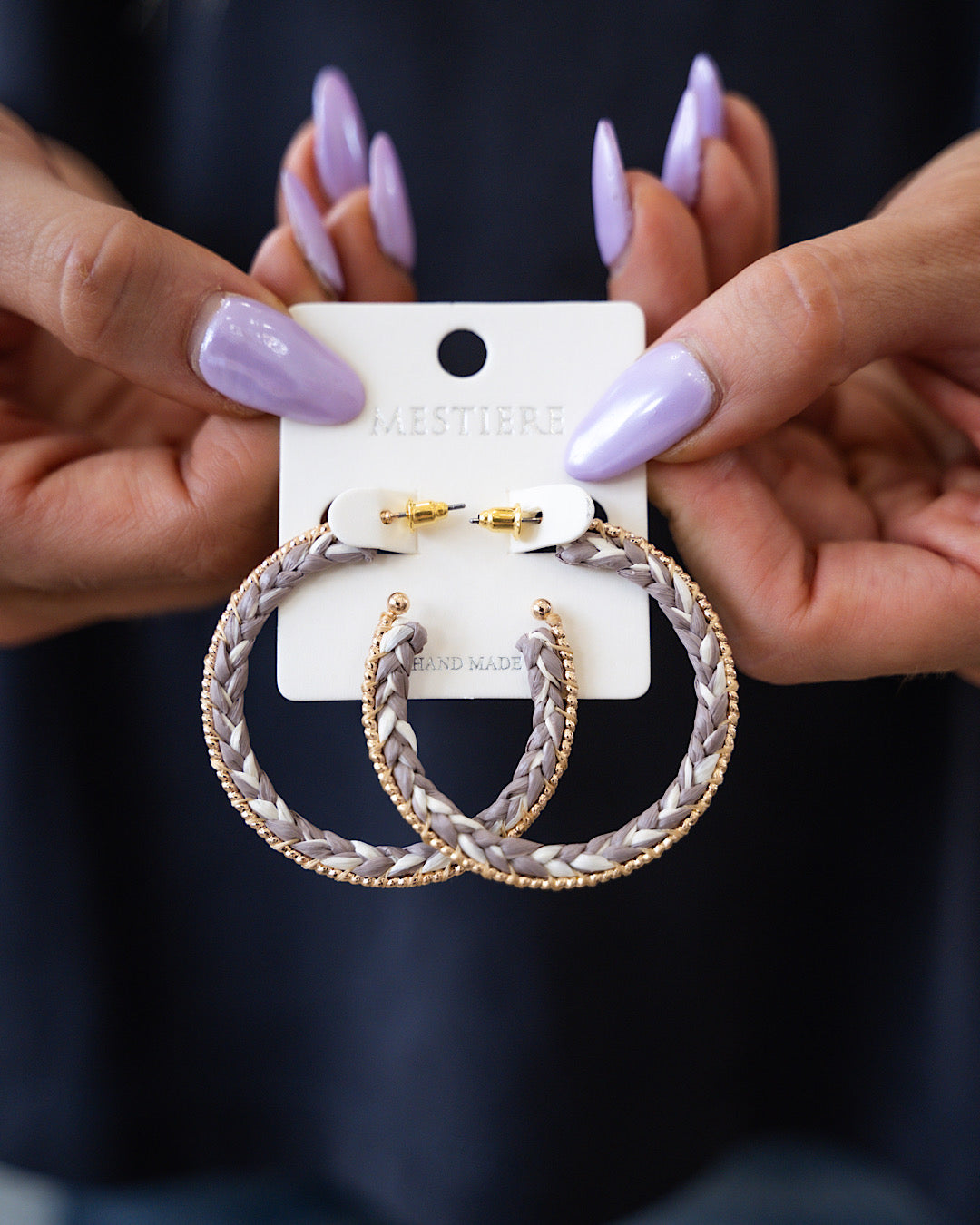 Gray Braided Open Hoop Earrings with Gold Bead Accents SALE Crystals Trading Inc.