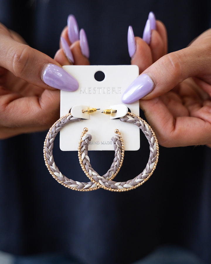 Gray Braided Open Hoop Earrings with Gold Bead Accents SALE Crystals Trading Inc.