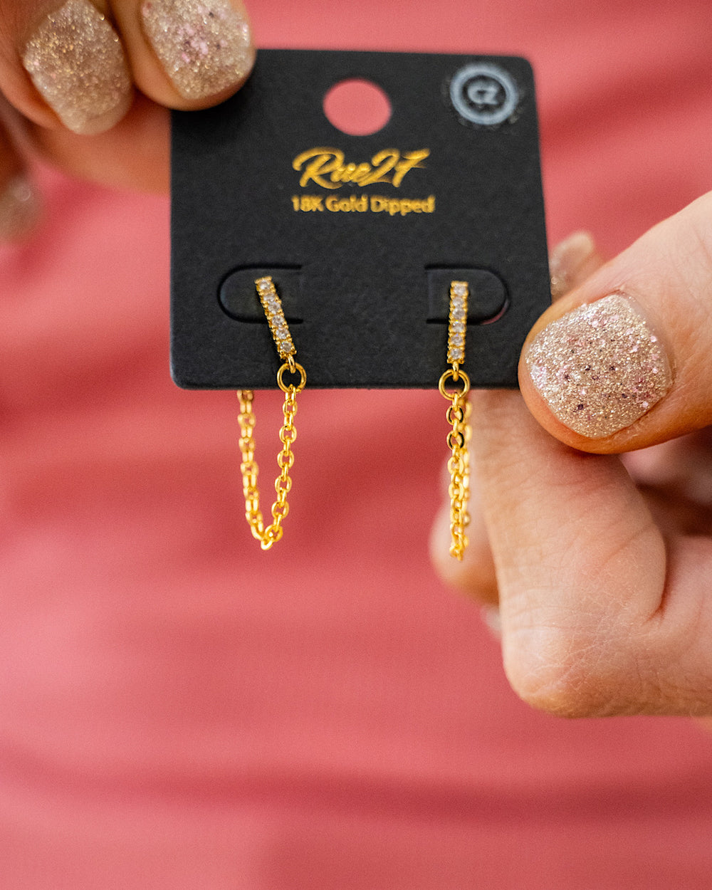 Gold Dipped Bar Chain Earring with Rhinestones Trendy Wholesale