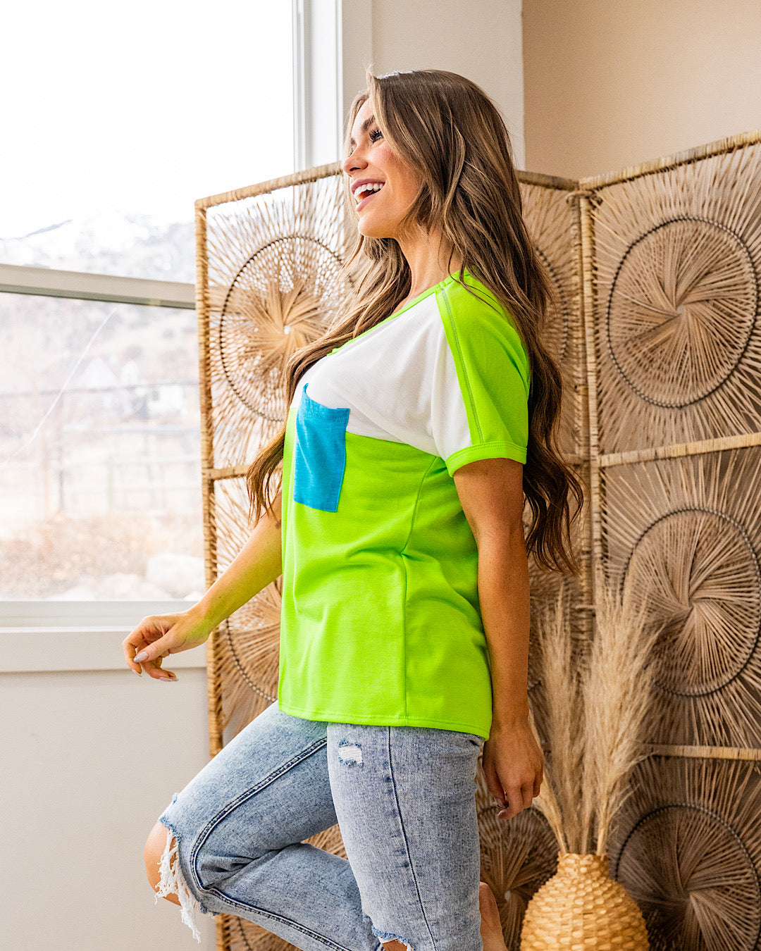 Heather Color Block Top with Contrast Pocket - Neon Green FINAL SALE Bibi