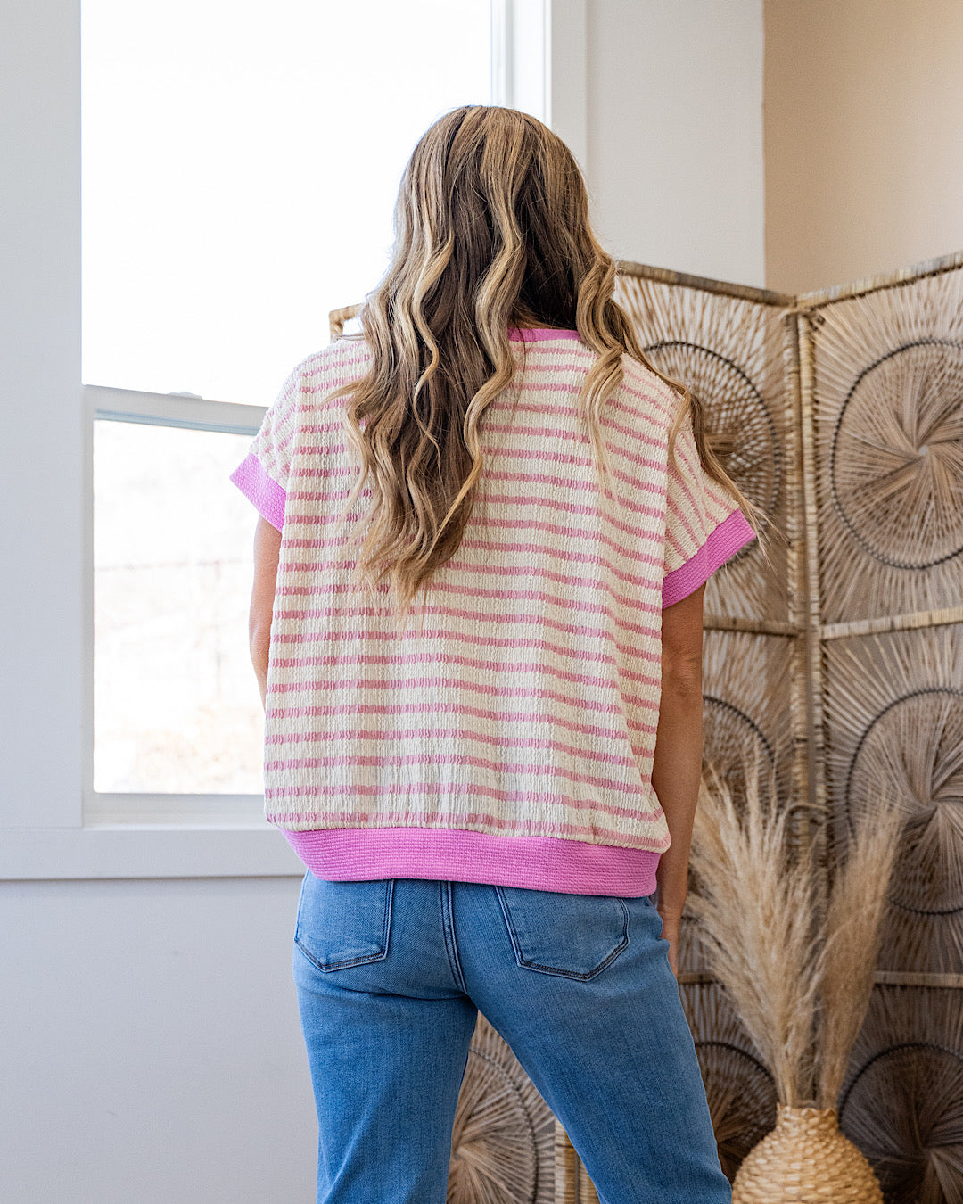 This Love Textured Striped V Neck Top - Pink SALE Lovely Melody