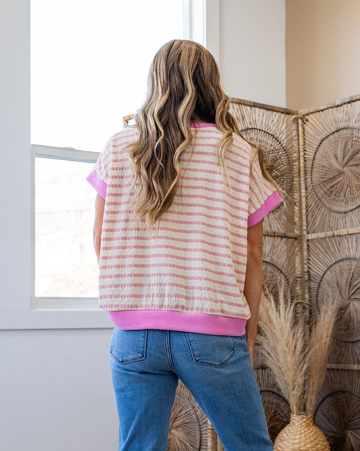 This Love Textured Striped V Neck Top - Pink SALE Lovely Melody