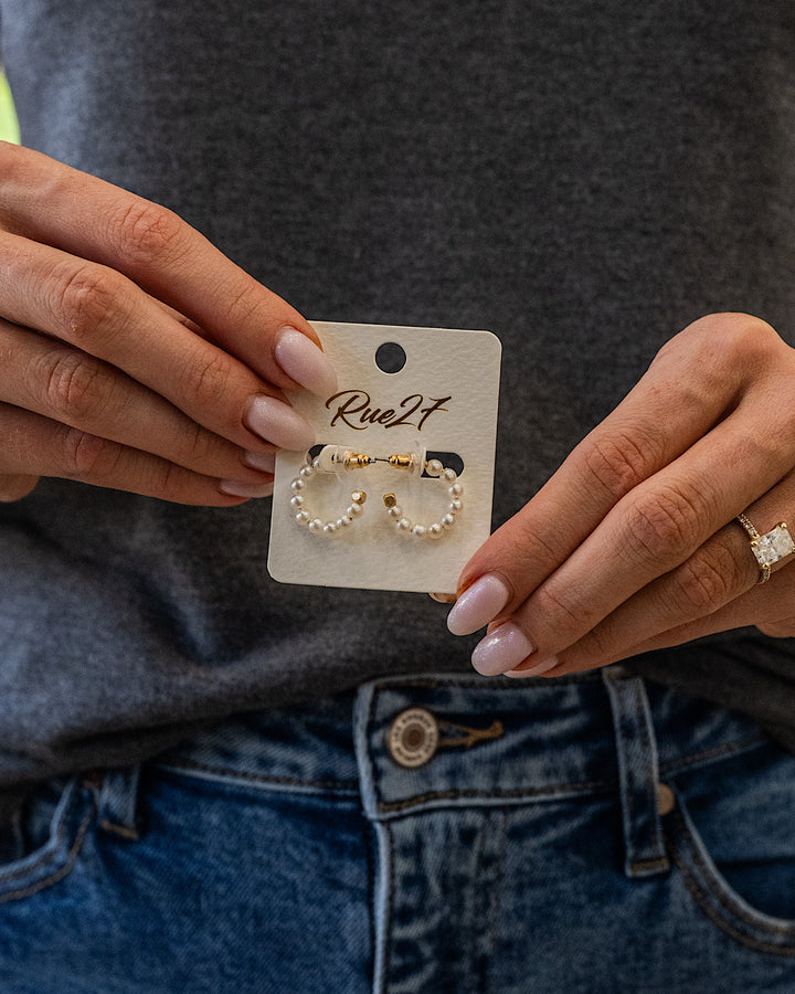 NEW! Pearl Beaded Open Hoop Earrings - Small Trendy Wholesale