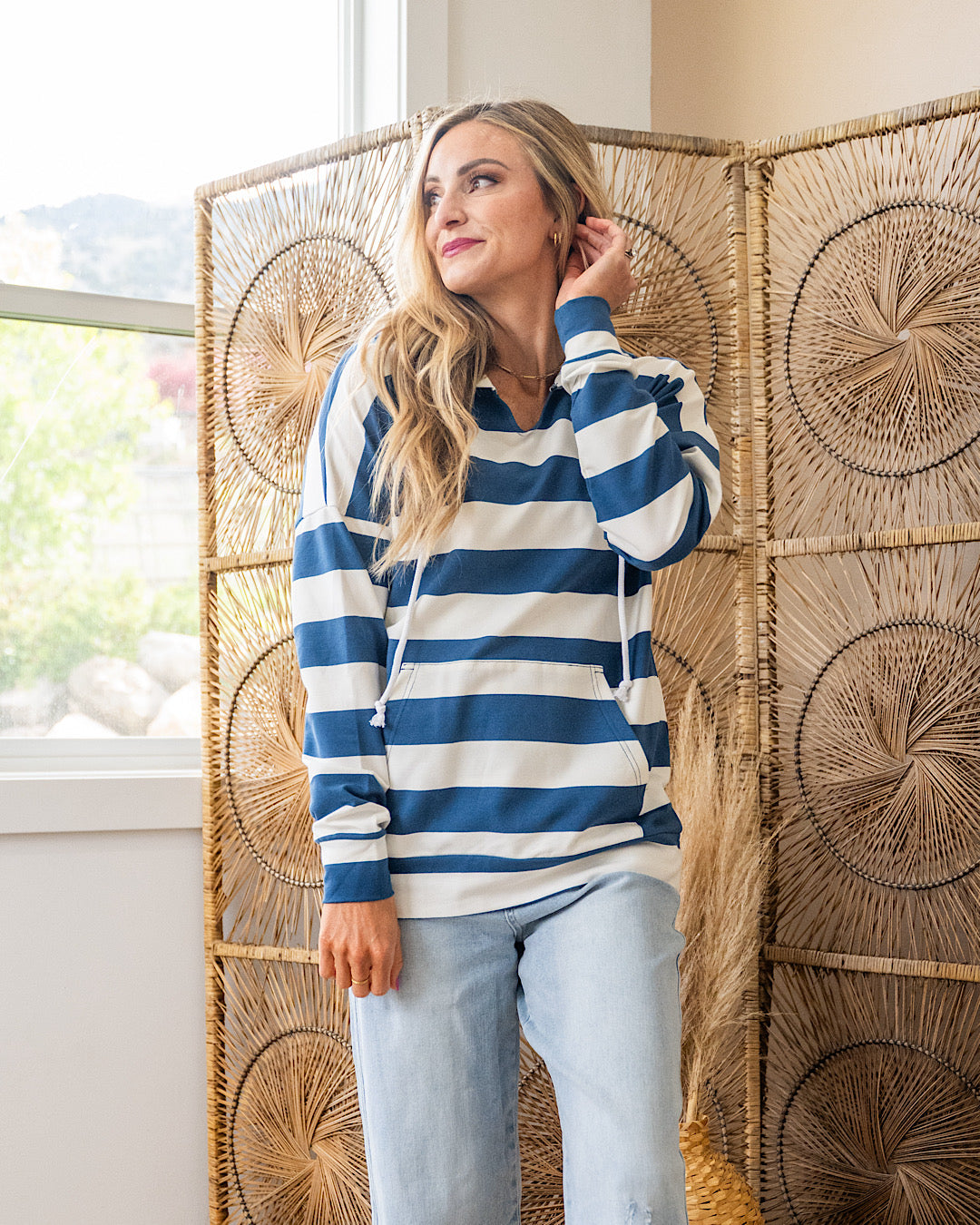 Rylie Striped Lightweight Hoodie - Navy and White Michelle Mae