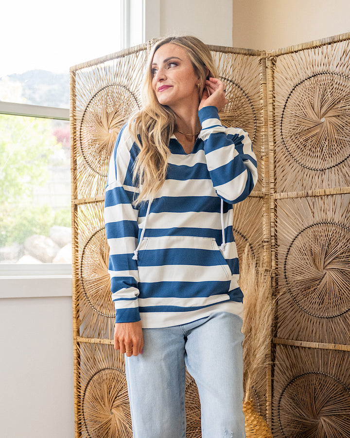 Rylie Striped Lightweight Hoodie - Navy and White Michelle Mae