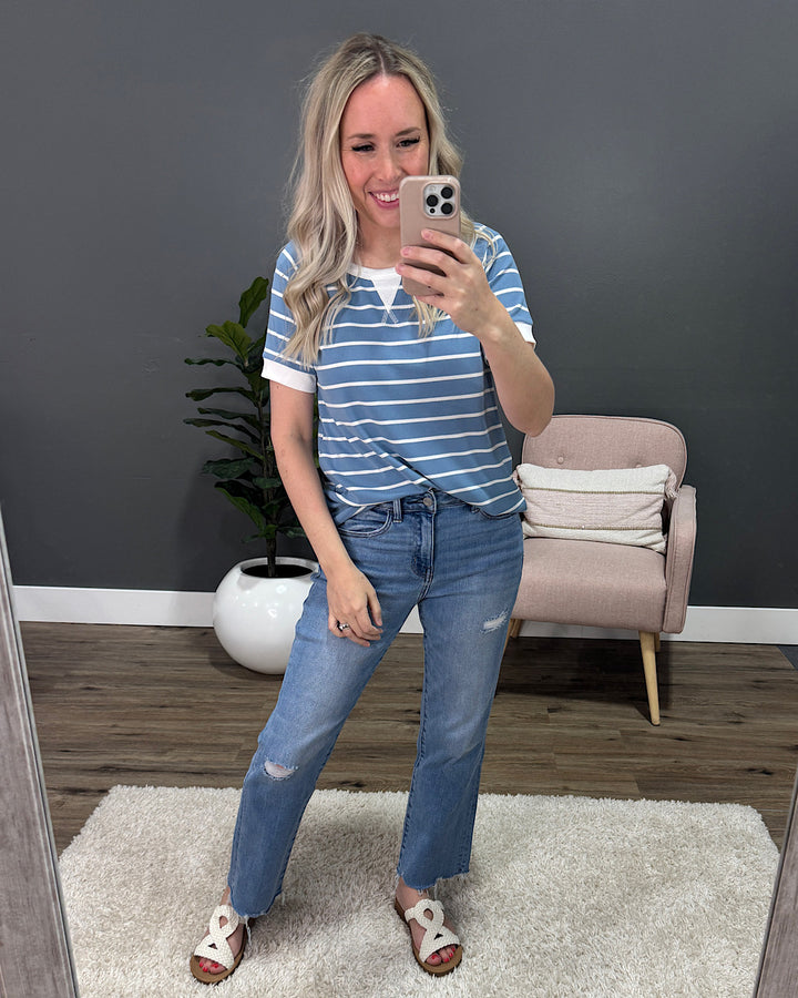 Marcie Ribbed Striped Top - Blue SALE Staccato