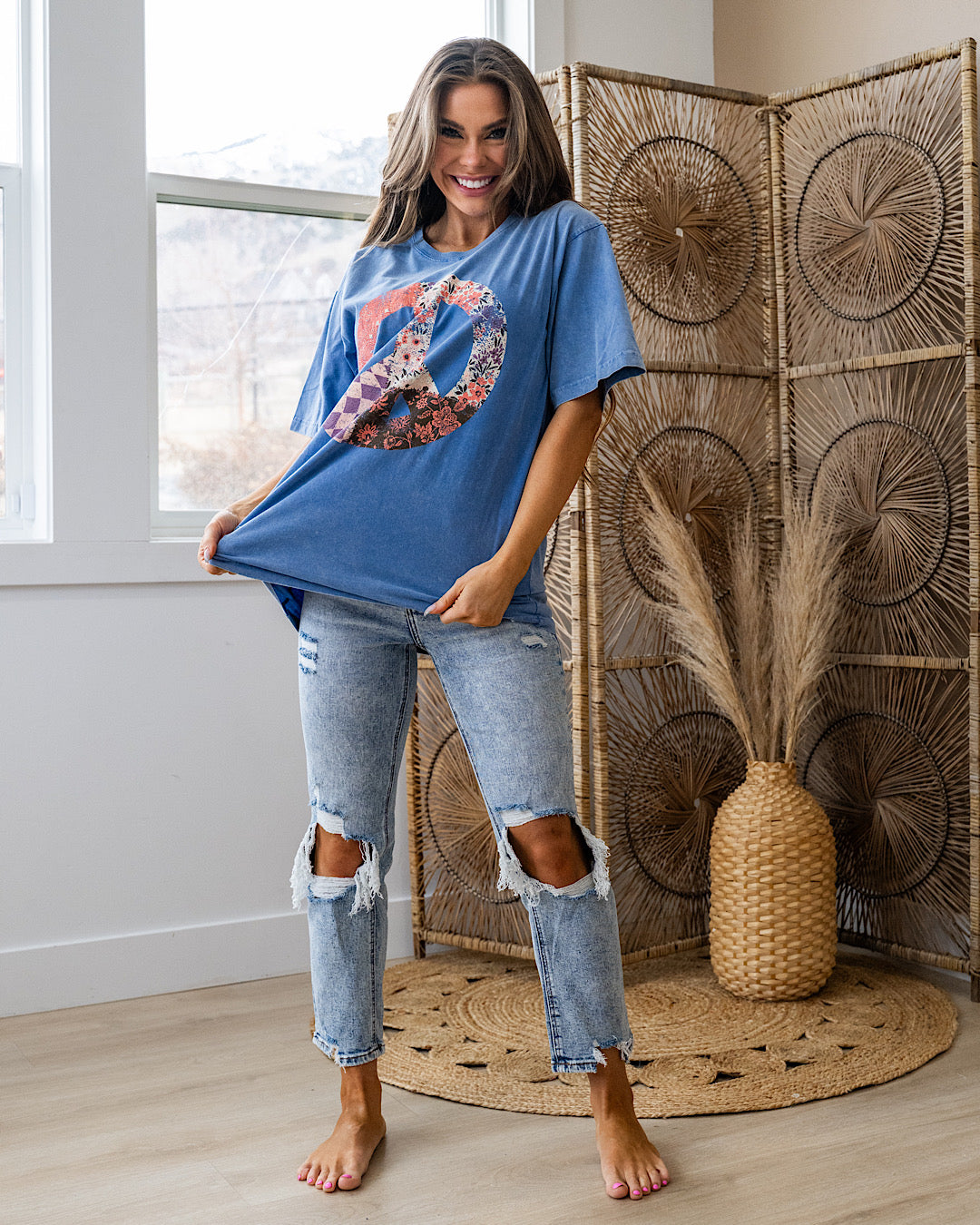 Patchwork Peace Sign Blue Mineral Wash Tee Zutter