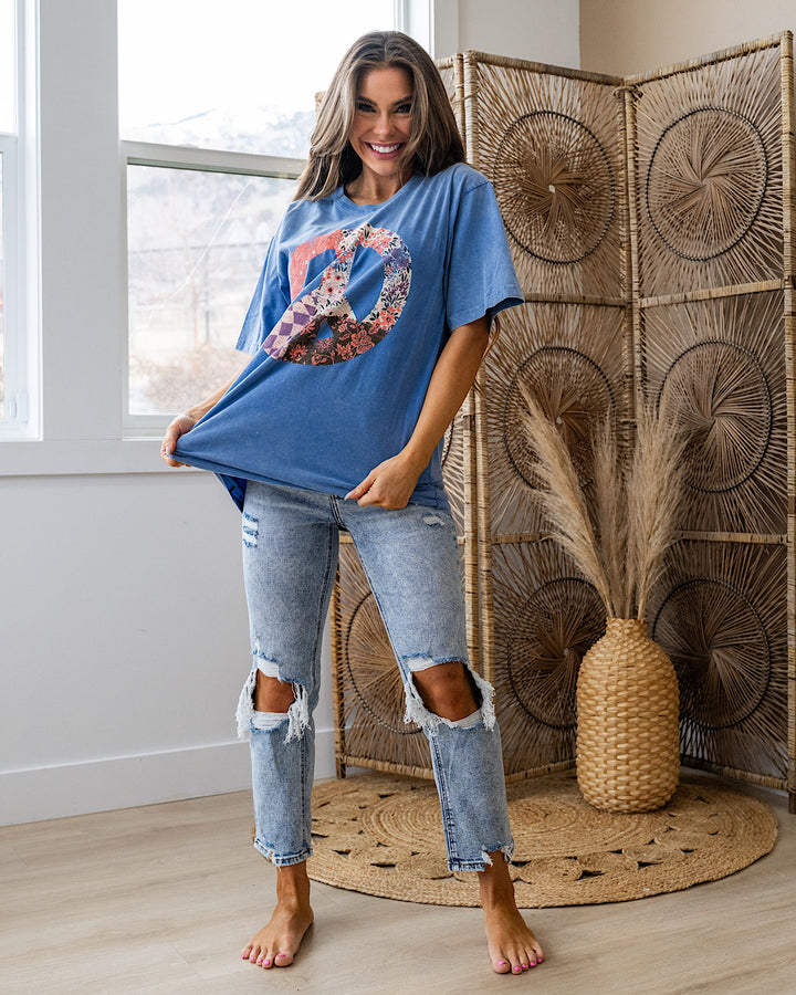 Patchwork Peace Sign Blue Mineral Wash Tee Zutter