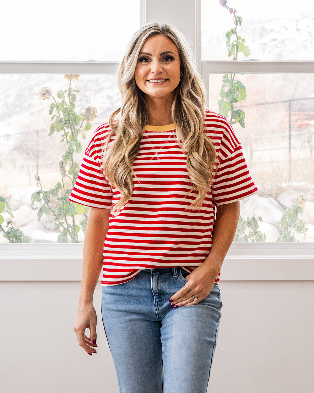 NEW! Ellie Contrast Striped Top - Red & Yellow Staccato