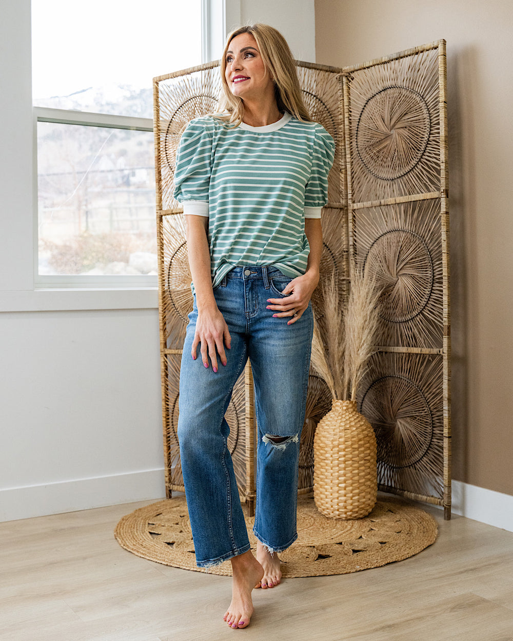 Hillary Striped Puff Sleeve Top - Sage SALE Lovely Melody